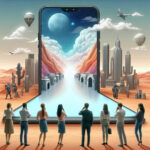 Humanidad viendo el futuro mediante la pantalla de un celular