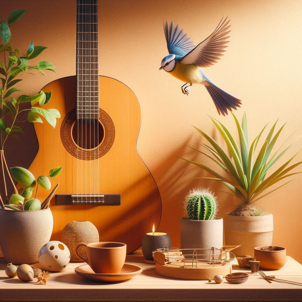 guitarra, pájaro y pantas