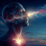 Perfil digital de una cabeza y torso masculinos en el cielo nocturno, compuesto por una rejilla de alambre con nebulosas y estrellas en su interior. Ondas de energía lumínica emanan de la frente y un corazón brillante resplandece en el pecho.