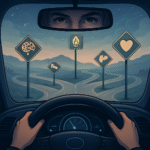Ilustración conceptual vista desde el interior de un auto futurista. A través del parabrisas se observan varios caminos que se separan, cada uno con señales que representan la mente, el espíritu, el corazón y el cuerpo. En el espejo del parasol se reflejan unos ojos contemplativos, evocando introspección y conciencia.