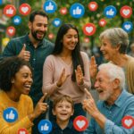 Un grupo diverso de personas de varias generaciones ríe y conversa en un espacio exterior, mientras íconos flotantes de "Me Gusta" y "Corazón" de redes sociales están superpuestos sobre la escena, simbolizando la validación digital.