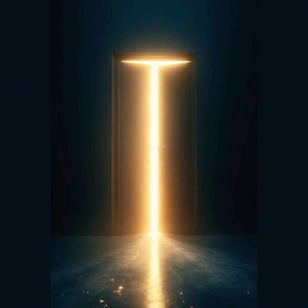 Retrato simbólico de una persona con el rostro dividido entre luz y sombra, representando el paso de la ignorancia al conocimiento, en tonos dorados y azules suaves.