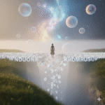 Imagen conceptual y surrealista de un puente cortado hecho de palabras y texto, que se extiende desde tierra firme hasta un reino cósmico de nebulosas y símbolos. Una figura humana solitaria se detiene en el borde, simbolizando el límite de la razón.