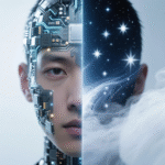 Un retrato dividido de un rostro humano: la mitad izquierda es un cyborg con circuitos integrados y tecnología, mientras la mitad derecha es una nebulosa cósmica con estrellas y nubes. Simboliza la dualidad entre el conocimiento tecnológico y la vastedad del universo o la ignorancia.