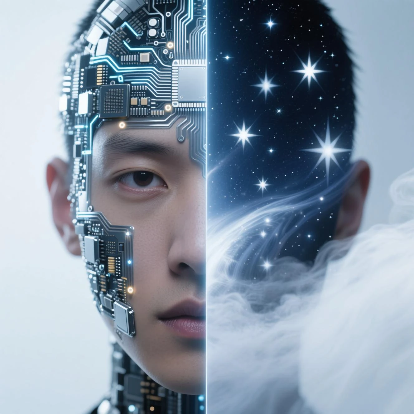 Un retrato dividido de un rostro humano: la mitad izquierda es un cyborg con circuitos integrados y tecnología, mientras la mitad derecha es una nebulosa cósmica con estrellas y nubes. Simboliza la dualidad entre el conocimiento tecnológico y la vastedad del universo o la ignorancia.