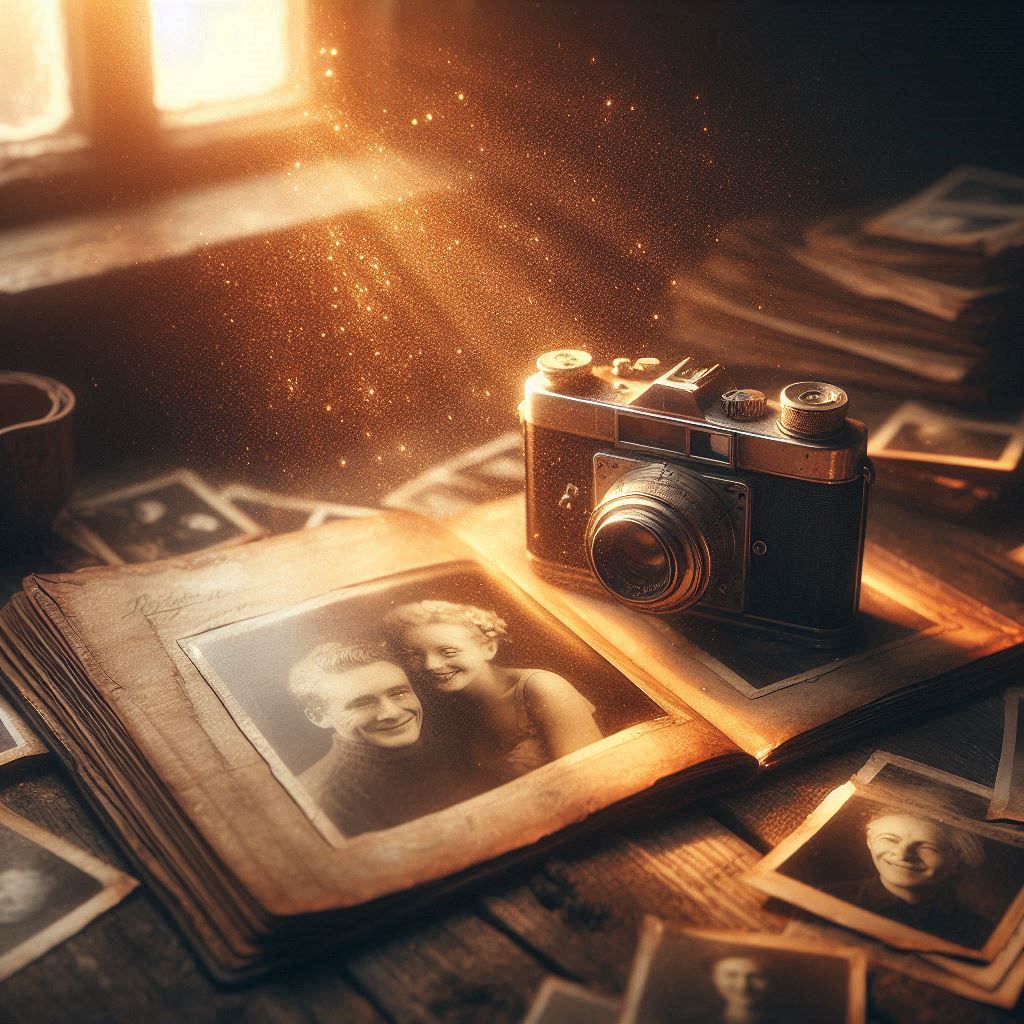 Un álbum de fotos antiguo abierto con una cámara analógica sobre una mesa de madera, iluminado por una luz dorada de atardecer. Representa la memoria, el paso del tiempo y la gratitud por los años vividos.