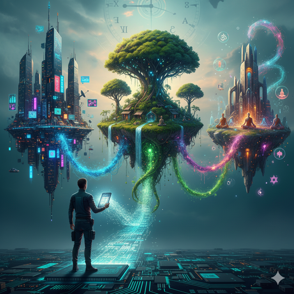 Figura humana en un entorno contemporáneo contemplando tres futuros divergentes proyectados: un futuro de alta tecnología/cibernética, un futuro ecológico/natural y un futuro cósmico/espiritual con nebulosas.