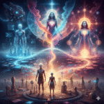 Representación conceptual de la evolución humana con tres figuras o caminos que se ramifican: el digital (Homo Technologicus), el emocional-etéreo (Homo Sentiens) y el cósmico-simbólico (Homo Credens). Simboliza la integración de la mente, el alma y el espíritu.