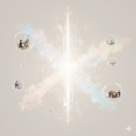 Representación conceptual del espíritu: una esfera de luz blanca y dorada en un espacio infinito, rodeada de hilos de energía y partículas brillantes que simbolizan la voluntad creativa y la trascendencia. Estilo minimalista con tonos claros y luminosos.