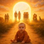 Bebé en primer plano, cálido y sereno, contemplando un portal de luz dorada que conduce a un camino lleno de siluetas de amor: parejas, amigos, padres e hijos, y personas con mascotas. Simboliza el inicio de la vida y las múltiples formas de amar.