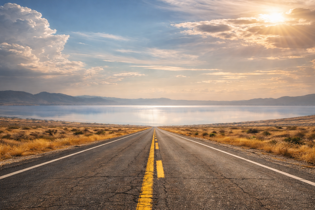 Espejismos en la ruta: cómo percibimos la realidad hoy Ruta recta en un paisaje árido con un espejismo que simula un lago en el horizonte bajo un cielo con nubes y luz dorada.