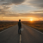 Persona detenida en una ruta vacía al atardecer sosteniendo un mapa, reflexionando sobre el sentido de la vida.