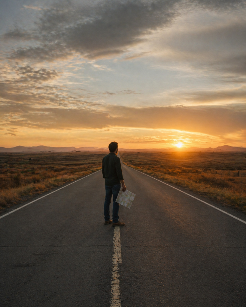 Persona detenida en una ruta vacía al atardecer sosteniendo un mapa, reflexionando sobre el sentido de la vida.