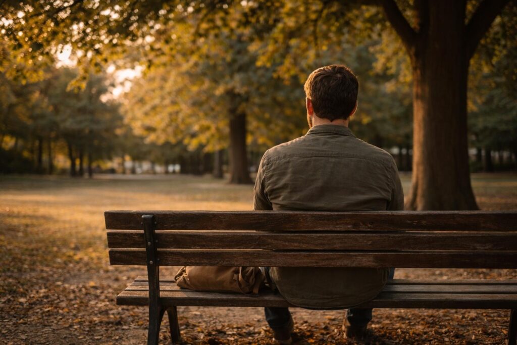 Hombre sentado de espaldas en un banco de plaza al atardecer, bajo un árbol, en un entorno tranquilo