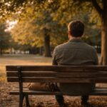 Hombre sentado de espaldas en un banco de plaza al atardecer, bajo un árbol, en un entorno tranquilo