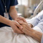 Una enfermera sostiene las manos de una paciente mayor en una cama de hospital, transmitiendo cercanía y cuidado.