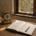 Reloj mecánico antiguo sobre una mesa de madera junto a un cuaderno abierto y una lapicera, iluminados por luz natural que entra por una ventana. La escena transmite calma, reflexión y contraste entre el tiempo y la creación.