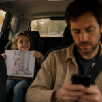 Una niña sonríe desde el asiento trasero de un auto mientras sostiene un dibujo donde una pequeña abraza la pierna de un gigante. En primer plano, desenfocado, un hombre mira su celular sin verla. La escena transmite ternura, distancia emocional y desconexión cotidiana.