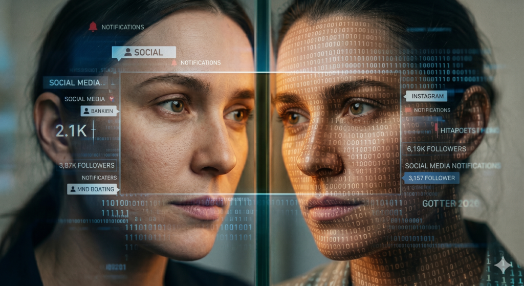 Un primer plano de dos mitades del mismo rostro de mujer, divididos verticalmente por una interfaz digital. La mitad izquierda muestra su piel natural, mientras que la mitad derecha está cubierta por una matriz de números binarios dorados. Diversos widgets y superposiciones de datos de redes sociales están esparcidos por la imagen, con un recuadro de enfoque resaltando sus ojos.