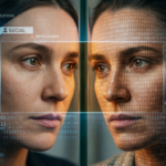 Un primer plano de dos mitades del mismo rostro de mujer, divididos verticalmente por una interfaz digital. La mitad izquierda muestra su piel natural, mientras que la mitad derecha está cubierta por una matriz de números binarios dorados. Diversos widgets y superposiciones de datos de redes sociales están esparcidos por la imagen, con un recuadro de enfoque resaltando sus ojos.