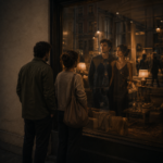 Dos personas frente a una vidriera nocturna, viendo un reflejo distinto de sí mismas en una escena que simula una habitación íntima.
