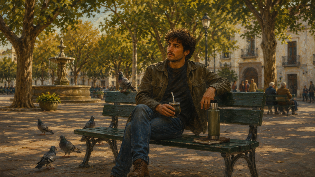 Hombre sentado en un banco de plaza con mate y termo, observando el entorno con expresión pensativa en una tarde cálida rodeado de árboles y palomas.