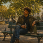 Hombre sentado en un banco de plaza con mate y termo, observando el entorno con expresión pensativa en una tarde cálida rodeado de árboles y palomas.