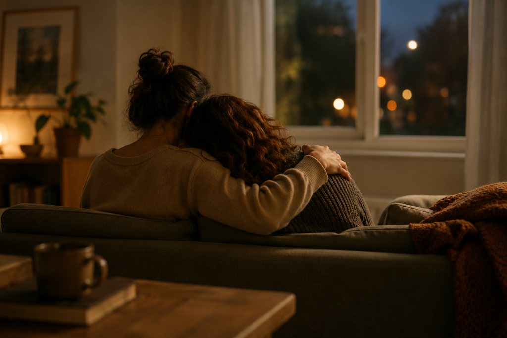Dos personas sentadas juntas en un sillón, compartiendo un momento de compañía y contención en una sala iluminada con luz cálida al atardecer.