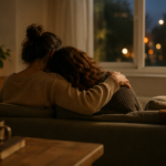 Dos personas sentadas juntas en un sillón, compartiendo un momento de compañía y contención en una sala iluminada con luz cálida al atardecer.