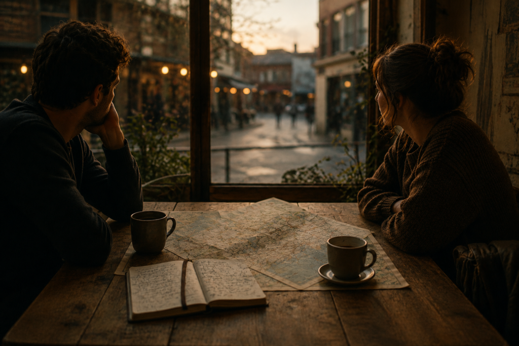 Dos personas adultas sentadas una frente a la otra, en extremos opuestos de una mesa de madera. No están tomadas de la mano ni abrazadas. Entre ambas hay un mapa de viaje desplegado, una brújula y un cuaderno abierto con anotaciones. La conversación parece posible, pero todavía no comenzó. Hay una leve distancia física que transmite búsqueda, no conflicto.