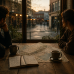 Dos personas adultas sentadas una frente a la otra, en extremos opuestos de una mesa de madera. No están tomadas de la mano ni abrazadas. Entre ambas hay un mapa de viaje desplegado, una brújula y un cuaderno abierto con anotaciones. La conversación parece posible, pero todavía no comenzó. Hay una leve distancia física que transmite búsqueda, no conflicto.