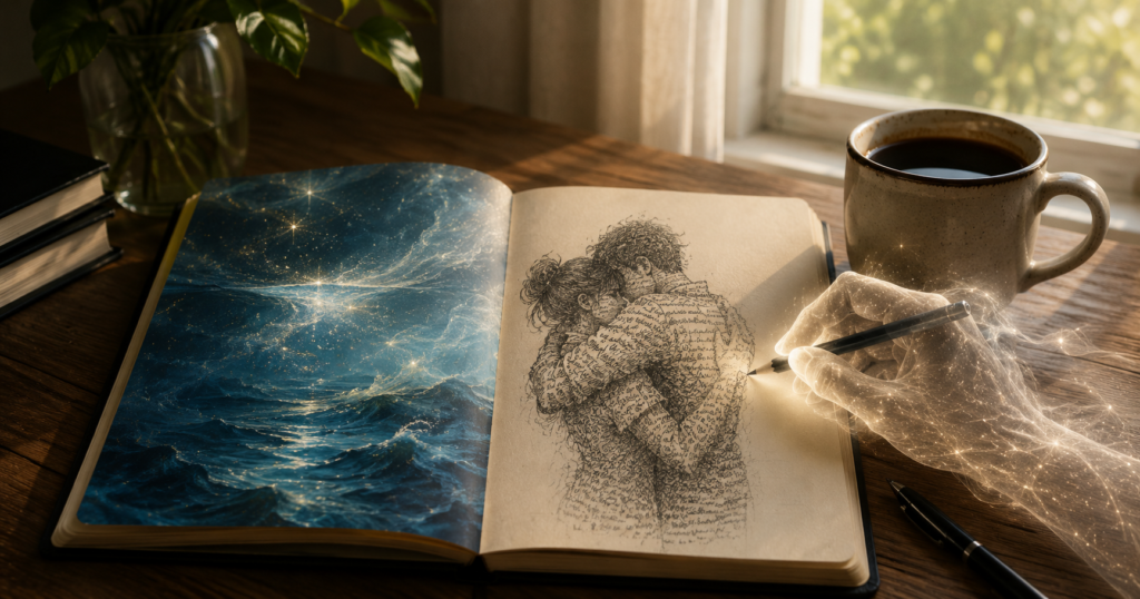Cuaderno abierto sobre una mesa junto a una taza de café; una página muestra un universo de agua y la otra una pareja abrazada dibujada con palabras por una mano etérea.