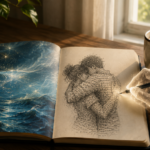 Cuaderno abierto sobre una mesa junto a una taza de café; una página muestra un universo de agua y la otra una pareja abrazada dibujada con palabras por una mano etérea.