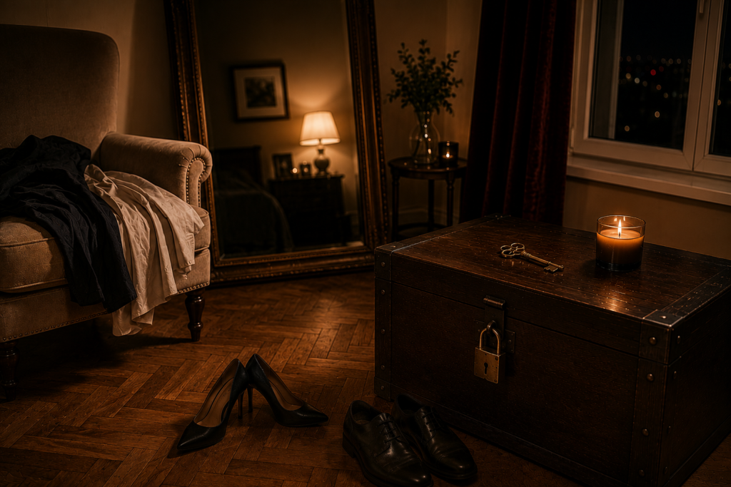 ¿Qué hacer con las fantasías? Cuando el deseo intenta decirnos algo Un cofre de madera cerrado con candado y una llave apoyada sobre la tapa, en una habitación cálida e íntima. Un sillón con ropa cuidadosamente apoyada y un par de zapatos de hombre y de mujer evocan el espacio privado donde muchas fantasías permanecen guardadas.