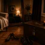 Un cofre de madera cerrado con candado y una llave apoyada sobre la tapa, en una habitación cálida e íntima. Un sillón con ropa cuidadosamente apoyada y un par de zapatos de hombre y de mujer evocan el espacio privado donde muchas fantasías permanecen guardadas.