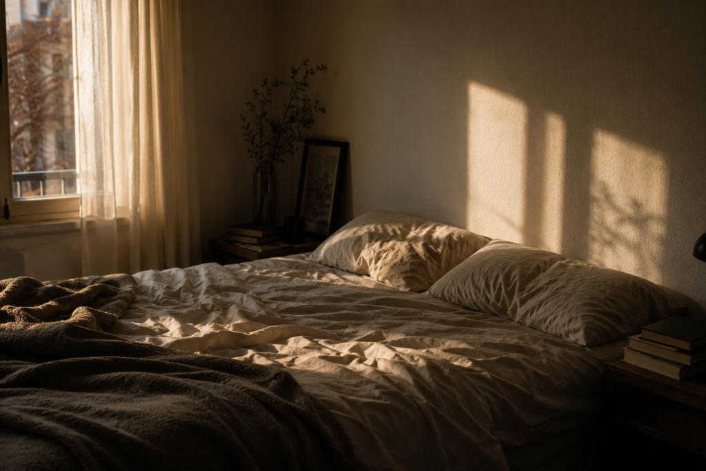 Cama vacía con sábanas desordenadas iluminada por la luz cálida de una ventana, símbolo de una pausa para reflexionar sobre el lugar que ocupa la sexualidad en nuestra vida.