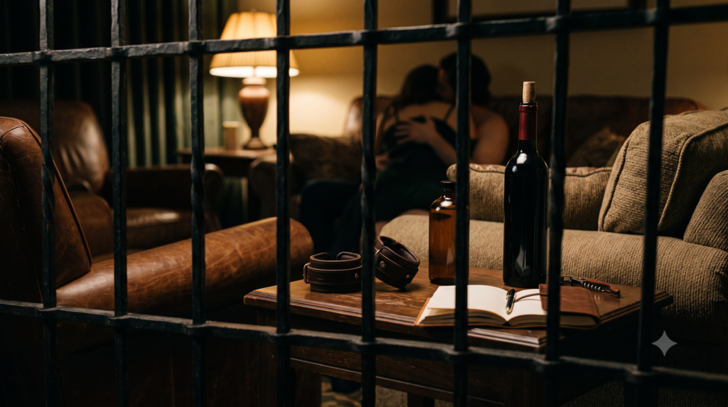 Una escena cinematográfica en un cálido espacio íntimo , con una mesa de madera envejecida en primer plano que contiene esposas de cuero, una botella de vino y aceite de masaje , vista a través de rejas de hierro tras una pareja abrazada en sombras al fondo.