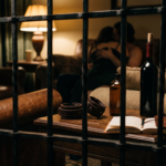 Una escena cinematográfica en un cálido espacio íntimo , con una mesa de madera envejecida en primer plano que contiene esposas de cuero, una botella de vino y aceite de masaje , vista a través de rejas de hierro tras una pareja abrazada en sombras al fondo.