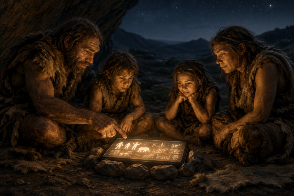 La fogata digital: educar para un futuro que no conocemos Familia de neandertales reunida alrededor de una fogata digital