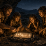 Familia de neandertales reunida alrededor de una fogata digital