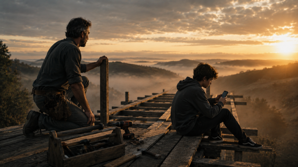 Un hombre adulto con herramientas y un adolescente con un celular sobre un puente en construcción