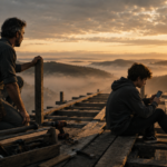 Un hombre adulto con herramientas y un adolescente con un celular sobre un puente en construcción