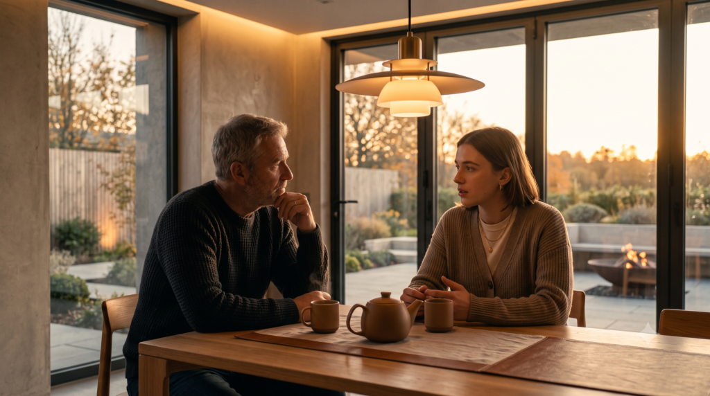 Fotografía cinematográfica de un padre maduro y su hija joven conversando en una mesa de comedor de madera, en un ambiente cálido y moderno iluminado por la luz dorada del atardecer a través de un ventanal.