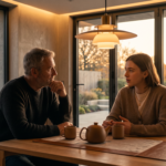 Fotografía cinematográfica de un padre maduro y su hija joven conversando en una mesa de comedor de madera, en un ambiente cálido y moderno iluminado por la luz dorada del atardecer a través de un ventanal.