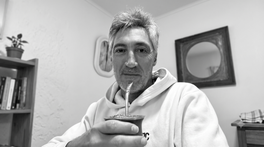 Retrato de autor tomando mate – Cabecera de blog Hombre con sudadera clara tomando mate en blanco y negro en un ambiente cálido de estudio
