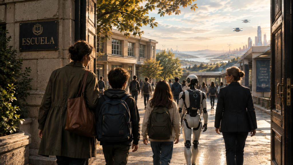 Madre llevando a sus hijos a la escuela frente a un futuro incierto