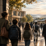 Madre llevando a sus hijos a la escuela frente a un futuro incierto