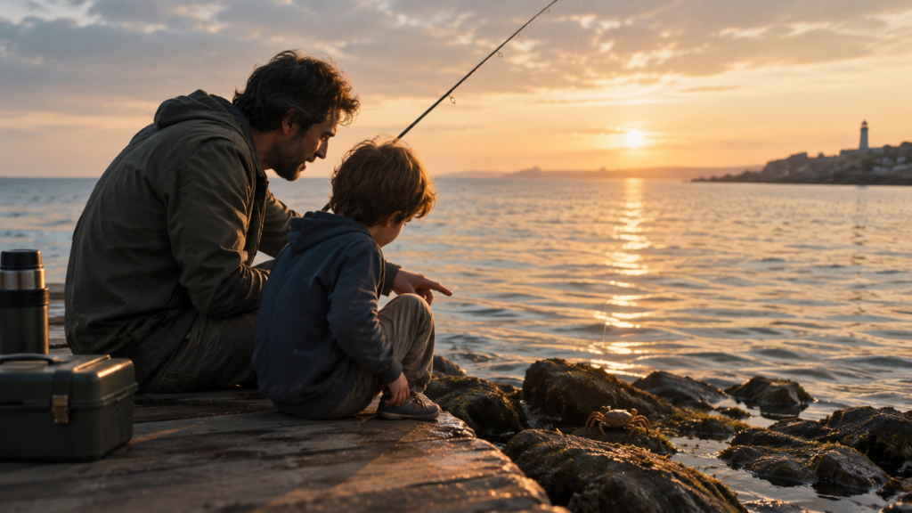 Un padre y su hijo sentados al atardecer sobre un muelle de madera junto al mar, mirando un cangrejo en las rocas con una caña de pescar de fondo.