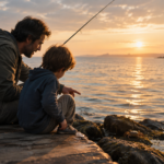 Un padre y su hijo sentados al atardecer sobre un muelle de madera junto al mar, mirando un cangrejo en las rocas con una caña de pescar de fondo.
