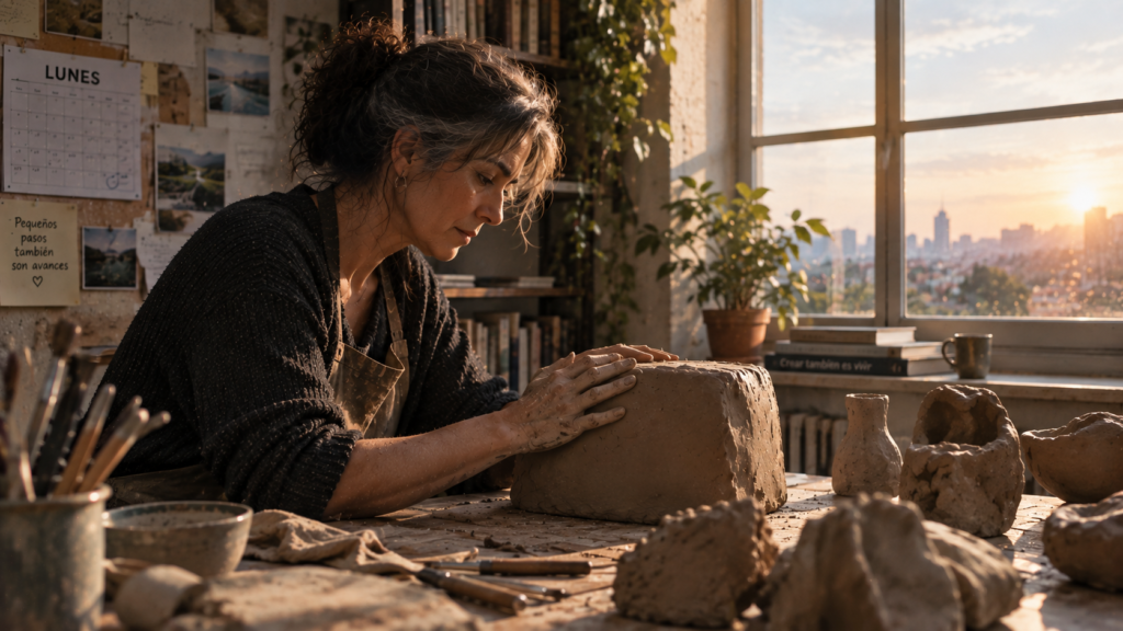 Mujer mayor trabajando un bloque de arcilla en un taller durante una mañana de lunes
